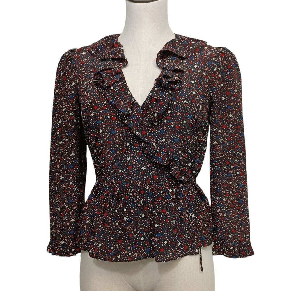 Madewell Womens XS Silk Star Print Ruffle Wrap‎ Top Navy Red Celestial Peplum